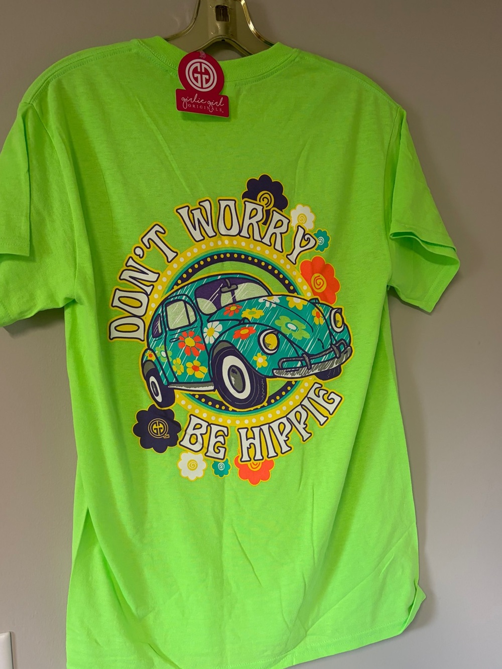 Girls Girl Graphic Neon Green 'Don't Worry Be Hippie' Short Sleeve Tee